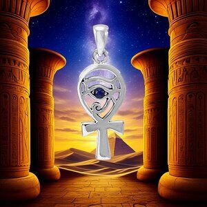 Ankh Eye of Horus Lapis Lazuli Gemstone Sterling Silver Pendant